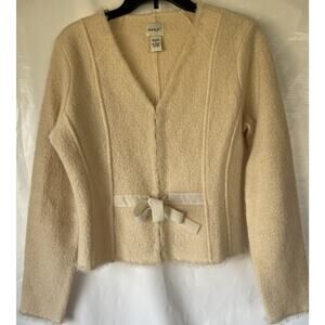Kenji Anthropologie Jacket 100% Cream Ivory Wool Tie Bow L EUC